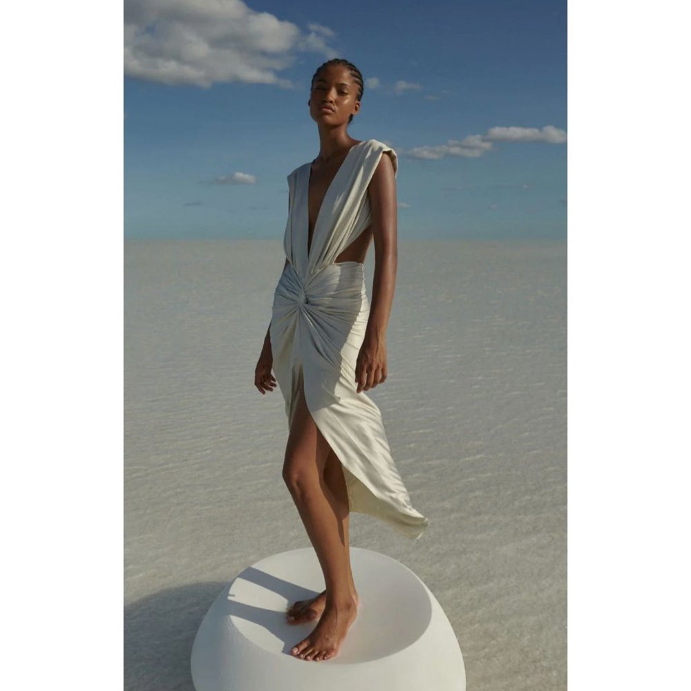 Baobab Mia Plunge V-Neck Gathered Midi Sheath Dress, NWT Ivory - Picture 12 of 16